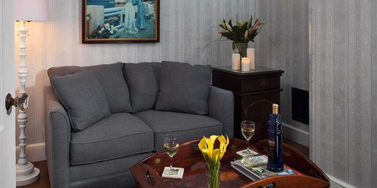 Living Room with small couch, TV and fridge part of the suite Stage Harbor