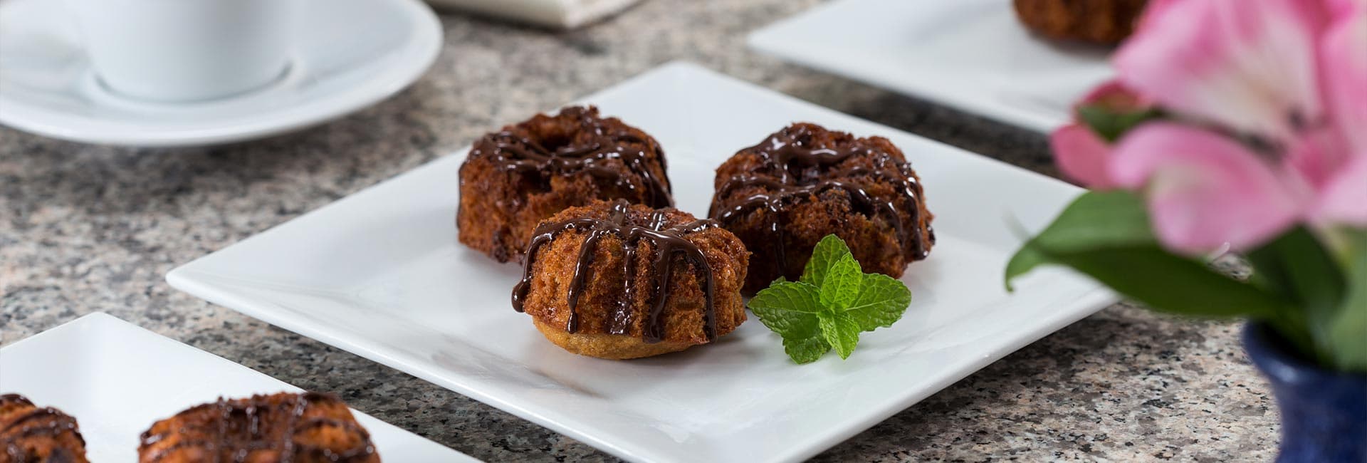 A plate of chocolate-drizzled mini donuts garnished with mint leaves.