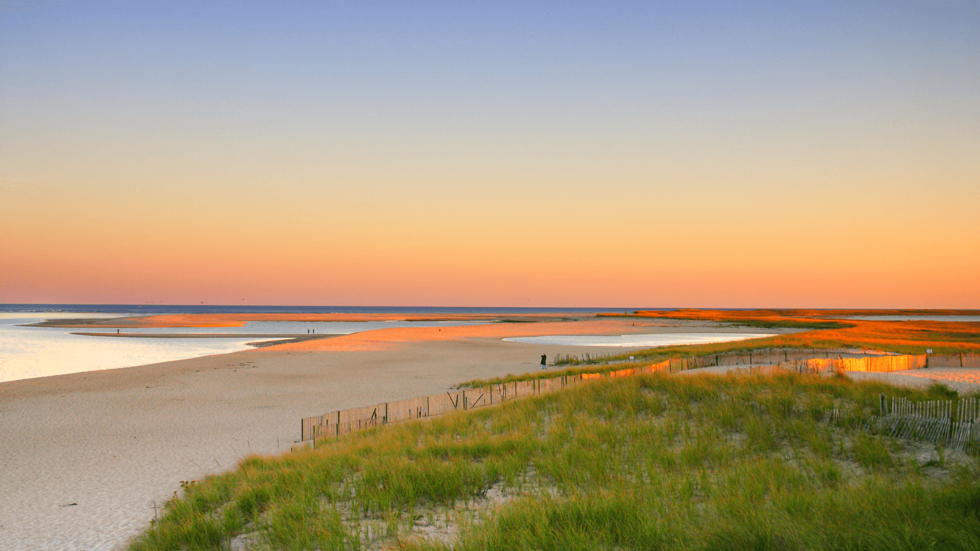 A serene beach at sunset with gentle waves and silhouetted figures in the distance. A serene beach at sunset with gentle waves and silhouetted figures in the distance.